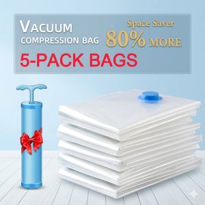 XMSJ | 5pcs Vacuum Compression Storage Bag For Clothes Comforter Pillow Space Saver 80% More Reusable Travel Organizer With Hand Pump