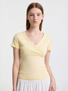 Cross V-neck Pleated Fitted T-shirt