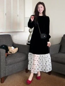 XIYUQI | French Hepburn Style Spliced Dots Velvet Dress Elegant Youthful Spring Fashion Womens Long Dress