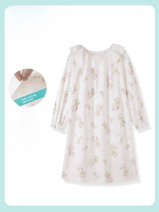 MiiOW%20%7C%20Breathable%20Thin%20Maternity%20Nightgown%20Women's%20Summer%20Home%20Clothes%20Sleepwear%20Cotton%20Blend%20Long%20Sleeve%20Midi%20Dress%20Round%20Neck%20-%20Image%204