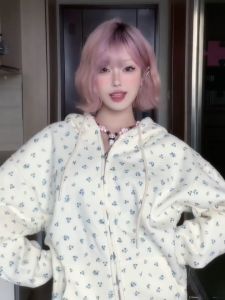 เสื้อสเวตเตอร์มีฮู้ดซิปลายดอกไม้ครีมบางสำหรับผู้หญิงเสื้อคาร์ดิแกนฤดูใบไม้ผลิและฤดูใบไม้ร่วงเสื้อคลุมทรงหลวม