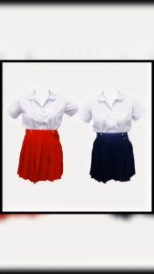 heng4shop ชุดอนุบาล หญิง เสื้อนักเรียน พร้อม กระโปรงนักเรียน สีแดง สีกรม ตราชนินทร์ อาภรณ์