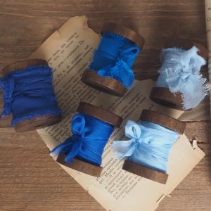 Mixsilk Retro Blue with Rough Selvedge Hand-Torn Cloth Strip Handmade Chiffon Ribbon Solid Wood Spool Ribbon Photo Props