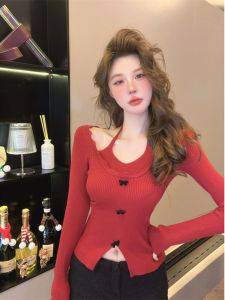 Stunning Red Knitted Sweater Womens Slim Fit Long Sleeve Top Beautiful Lockbone Exposure Perfect for New Years Celebration