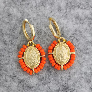 QMHJE Dangle Hoop Earrings Women Virgin Mary Seed Beads Gold Color Boho Copper Designer Drop White Yellow Black Cute Vintage