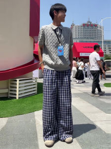 Quần Dài Nam Mùa Hè Mỏng Màu Xanh Kẻ Caro Phong Cách Mỹ Cổ Điển Quần Dài Thể Thao Bằng Lụa Băng Rộng Rãi Cạp Cao