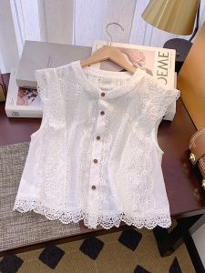 Phong Cách Pháp Nữ Tay Ngắn Phối Ren Viền Áo Sơ Mi Slim Fit Mùa Hè Sang Trọng Tuổi Giảm Ôm Thời Trang