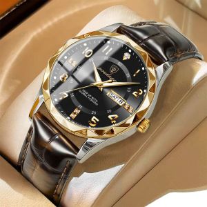 POEDAGAR Men Watch Luxury Original Leather Men Clock Business Quartz Wristwatches Waterproof Luminous Date Week Watch for Mans jam tanggan lelaki +Box