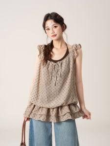SHANGWEILUO | Beige Dots Ruffle Sleeveless Womens Blouse for Summer