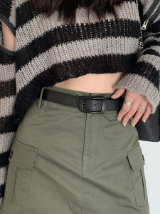 เข็มขัดผู้หญิงสีดำสไตล์เกาหลีย้อนยุค หัวเข็มขัดแบบเสื้อกั๊ก เข็มขัดหนัง PU สำหรับใส่กับกางเกงยีนส์ สายรัดเอวแบบลำลอง