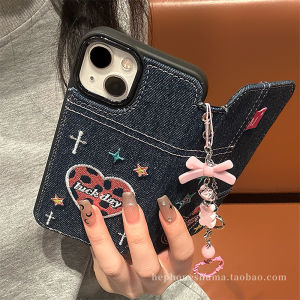 Embroidered Heart Denim Flip Cover Leather Case for iPhone 15 Cartoon Apple 14 pro Max New Model 16 pro Fashion Accessories