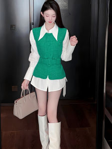 MUBEELE | Fall New Style Korean Simple Fashion White Shirt Vest Jacket Set Women Elegance Sleeveless Shoulder Pad Vest Top