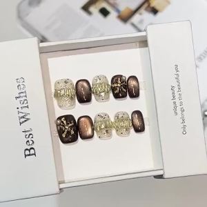 10pcs Cute Glass Bead Cat Eye Short Press on Nail Art Magic Mirror Powder Zircon Diamond Handmade False Nails