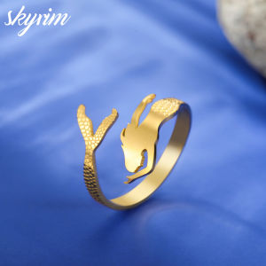 Skyrim Nàng Tiên Cá thanh lịch vòng thép không gỉ vàng nhẫn có thể điều chỉnh trang sức thời trang
