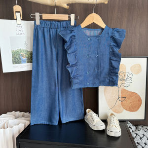 Menoea New Girls Set Baby Clothes Summer Blue Flying Sleeve Imitating Denim Sleeveless T-shirt Top and Pants Two-piece Suit Casual Outfits for Kids 3 to 7 Years Childrens Clothing