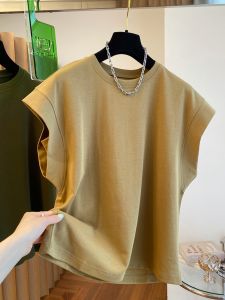 เสื้อยืดแขนกุดคอตตอนหลวมๆ สไตล์เกาหลี สำหรับผู้หญิง เสื้อผ้าทำงานฤดูร้อน ทรงหลวม สีพื้น แขนกุด คอตตอนแท้ 100%