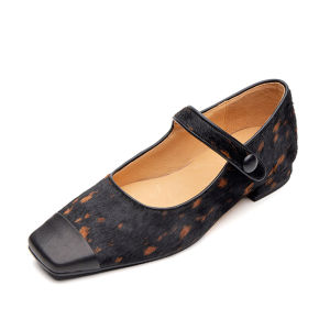 Kmeizu Soft Horse Hair Mary Jane Shoes Womens Spring Square Head One Row Buckle Low Heel Flat Hepburn Single Shoes