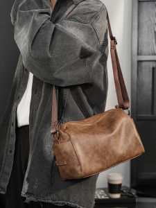 2025 New Korean Style Mens Crossbody Bag Casual Leather Shoulder Bag Trendy round Tube Bag Soft Surface PU Material