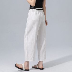 White Slimming Hip Covering Linen Pants Comfortable Commuting Korean Style Straight Leg Nine Point Thin Elastic Waist Office Pants