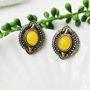 Luxurious Yellow Oval Gemstone Earrings Vintage Court Style Fashion Jewelry Alloy Plated Silver Post Backings for Women