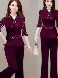 Fashionable Mommy Outfit 2023 Summer New High-end Slimming Waist Covering Belly Stylish Set Mid-aged Ladies plus Size Short Sleeve