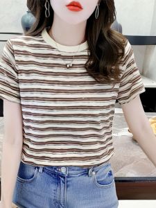 เสื้อยืดคอกลมแขนสั้นผ้าฝ้ายแท้ทรงหลวมสำหรับผู้หญิงในช่วงฤดูร้อนปี 2025 เสื้อผ้าทำงานสไตล์เกาหลีแบบลำลองสำหรับผู้หญิง