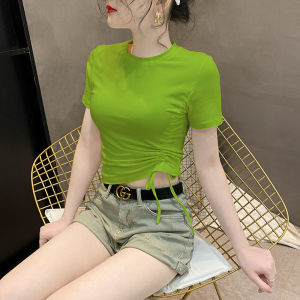 Fashionable Summer T-Shirt for Women with Drawstring Waistline Slimming Cotton Blouse in Asymmetrical K-style Crewneck Short Sleeve