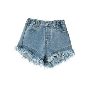 High Waist Torn Hem Denim Shorts Irregular Fashionable Girls Childrens Clothing Spring Summer Korean Style Kids Jeans Shorts
