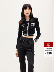 LeFame 2025 Autumn Miu Style Black White Knitted Sweater Jacket Womens Top Fashionable Straight Cut Nylon Long Sleeve Button up