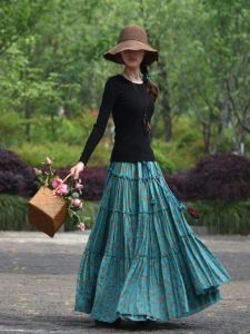 Retro Style Half Skirt with Belt Large Flounce Dancing Long Dress Slimming A-Line Floral Print Cotton Skirt for Middle-Aged Women