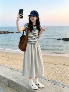 XIANYIJIAO | Khaki A-Line High-Waist Midi Skirt