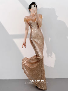2026 New Years Eve Glamour Gala Evening Dress Rose Gold Cheongsam Host Mermaid Sequin