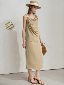 AMII | Summer New Simple Color Luxury Drape Neck Pleated Long Loose Dress