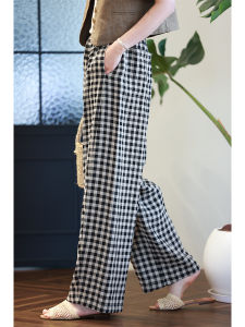 Color Woven Full Linen Black White Plaid Straight Leg Wide Leg Pants Elastic Waist Banana Pants Retro Loose Grid Long Pants