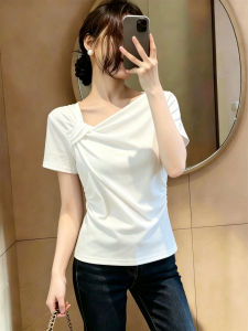 YOUROUPING | Elegant Twist T-shirt Asymmetric Collar Wrinkled Waist Top