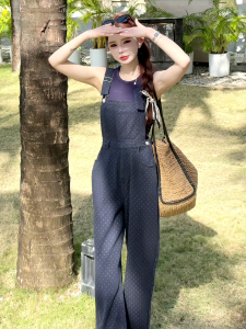 Retro High Waist Polka Dot Denim Overalls Womens Fashionable Slimming Straight Leg Wide Pants Versatile Long Cotton Workwear