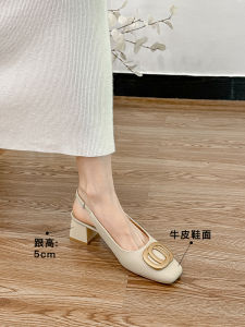 รองเท้าแตะหนังแท้สำหรับผู้หญิงในช่วงต้นฤดูใบไม้ผลิ รองเท้าแตะแบบหัวเหลี่ยม ส้นสูงปานกลาง รองเท้าส้นหนา รองเท้าส้นสูงสำหรับผู้หญิง