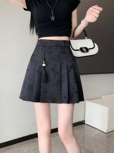 Váy Ngắn Xếp Ly Màu Đen Mới Phong Cách Trung Hoa Chữ a Cạp Cao Cỡ Lớn Mùa Xuân Hè Váy Midi Xếp Ly Họa Tiết Hoa