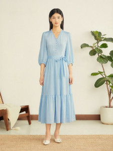 YINER | Stretchable Crepe Silk Blend Fall Dress with Ruffled Edges