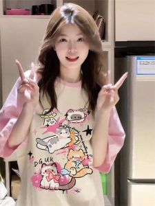 Mùa Hè Nữ Mềm Áo Thun Ngắn Tay Màu Hồng Phong Cách Rộng Rãi Fit Patchwork Cotton Vải Bông Áo Dễ Thương Áo Thun Cổ Tròn Mặc Của Bé Gái Thoải Mái