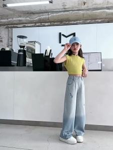 New Jeans for Kids Girls 5-16years old Fashion Loose Baggy Jeans Wide Leg Trousers Gradient Straight Leg Maong Pants Denim Embroided New Design Causal Pants