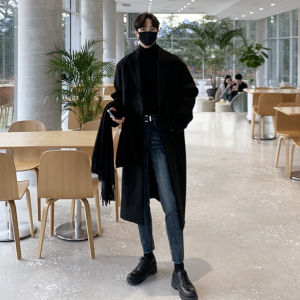 เสื้อโค้ทขนสัตว์เสื้อโค้ทแคชเมียร์เพิ่มความหนาสไตล์อังกฤษสีเทาระดับสูงฤดูหนาวสไตล์เกาหลีแบบยาวปานกลางสำหรับผู้ชายเสื้อกันลมผู้ชาย