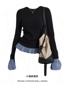 plus Size Autumn Design Plaid Splicing Long Sleeve Top Womens Fashion High Waist T-Shirt Flounce Hem Base Shirt round Neck