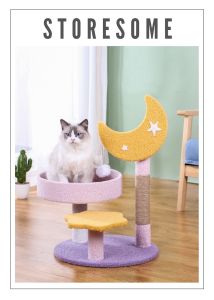Cat Scratcher Purple And Yellow Moon Theme Sisal Post With Nap Area (2 Designs)