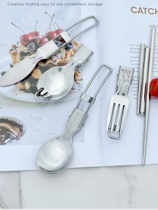 Portable Folding 304 Stainless Steel Cutlery Set Outdoor Camping Travel Spoon Fork Knife Retractable Handle Storage Box