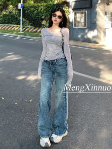 American Style Low Waist Straight Leg Denim Jeans Womens Early Autumn Versatile Slimming Wide Leg Draping Floor-Length Pants
