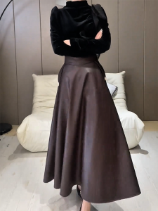 Elegant High Waist Midi Skirt Versatile Large Flounce Leather Skirt Fashionable Autumn 2024 Slimming Commute Korean Style