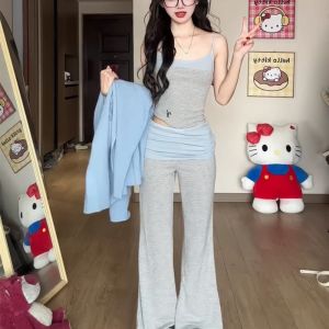 XUECAIQI | Youthful Korean Style Set for Women Outerwear Sweater Cardigan Camisole Wide Leg Trousers