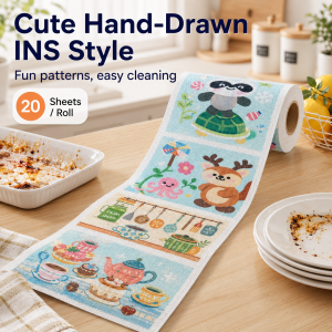 20Pcs/roll Cartoon INS Style Disposable Cleaning Cloth Roll Thickened Absorbent Kitchen Dish Towel Hand Tear Rag for Home
