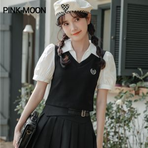 PM✿ Women Short Sleeve Pollo Collar Shirt T-shirt College Style Puff Sleeve Top